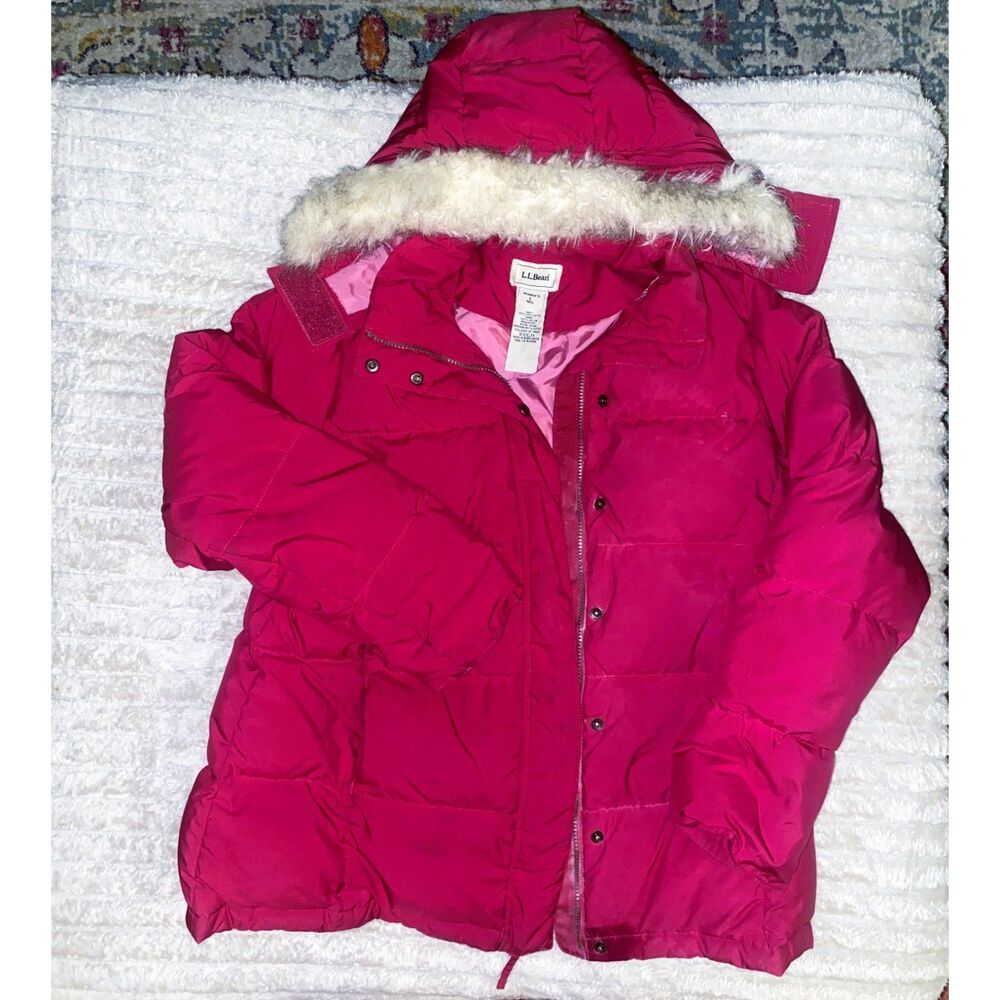 LL Bean Goose Down Removeable Hood Puffer Coat Women's Size Large Raspberry Pink